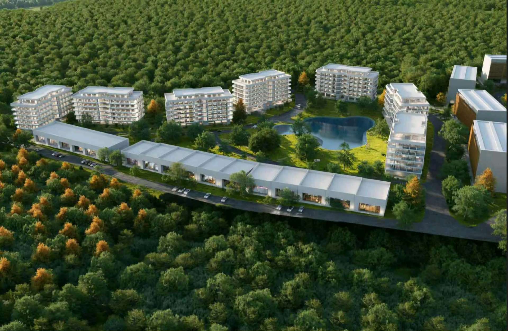 Aerial view of the residences and lagoon at Talisay Highlands